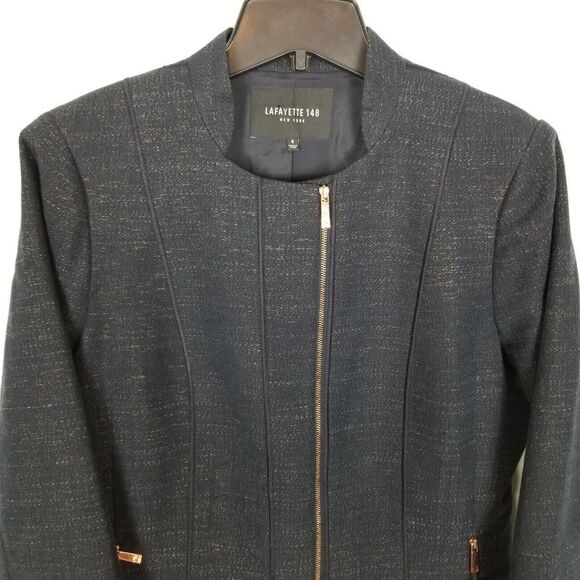 Lafayette 148 Women Zip Up Blazer Jacket Size 8 Navy Lined Office Cotton Blend - Picture 2 of 6